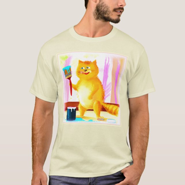 Cute Painting Of A Cat Holding A Brush. Buy Now T-Shirt (Front)