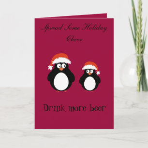Cute pair of penguins red hat cheer holiday card