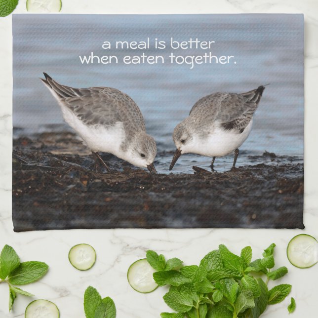 Cute Pair of Sanderlings Sandpipers Shares a Meal Tea Towel (Folded)