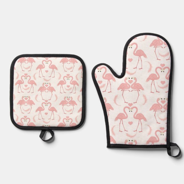 Cute paired flamingos oven mitt & pot holder set (Front)