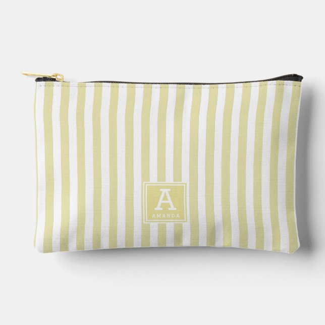 Cute Pale Goldenrod Stripes Monogrammed Initials Accessory Pouch (Front)