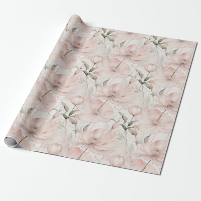Cute Pale Pink Watercolor Peonies Wrapping Paper (Unrolled)