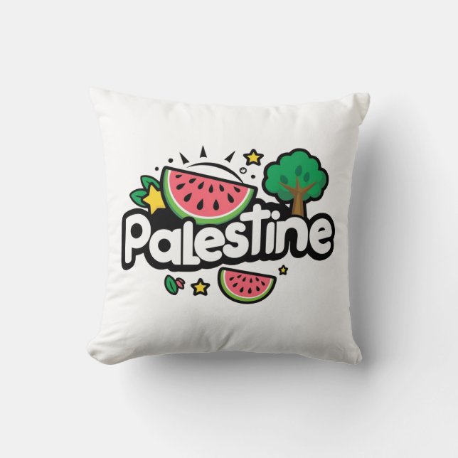 Cute Palestine word surrounded by watermelons tree Cushion (Front)