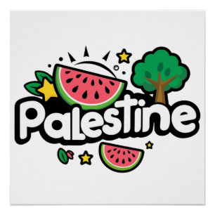 Cute Palestine word surrounded by watermelons tree Poster