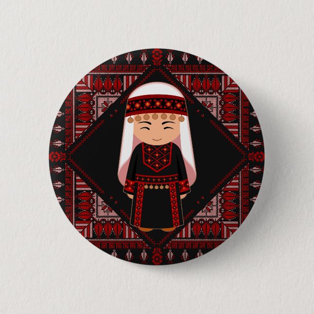 cute Palestinian girl Embroidery red tatreez   6 Cm Round Badge (Front)
