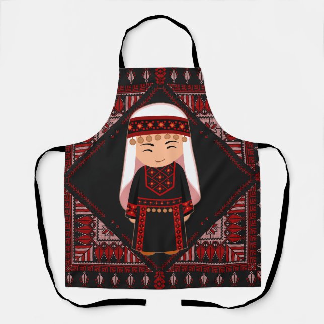 cute Palestinian girl Embroidery red tatreez   Apron (Front)