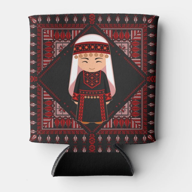 cute Palestinian girl Embroidery red tatreez   Can Cooler (Front)