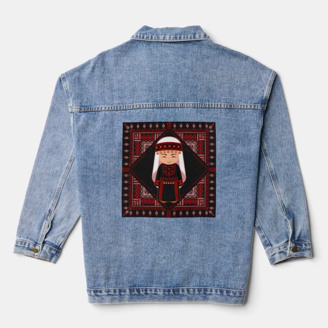 cute Palestinian girl Embroidery red tatreez   Denim Jacket (Back)