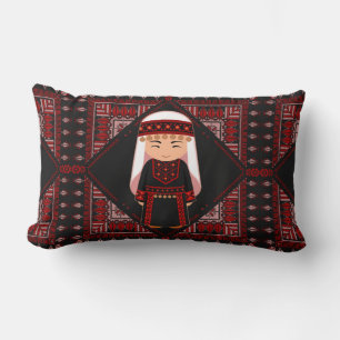 cute Palestinian girl Embroidery red tatreez Lumbar Cushion