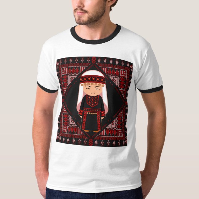 cute Palestinian girl Embroidery red tatreez   T-Shirt (Front)