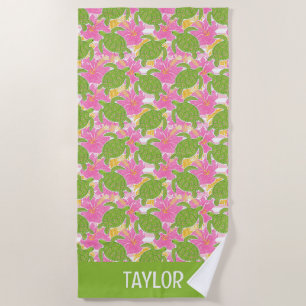 Cute Palm Beach Pink Flowers and Turtles Towel