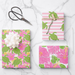 Cute Palm Beach Tropical Flowers & Turtles Wrapping Paper Sheet