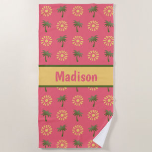 Cute palm trees & suns, on pink personalised beach towel