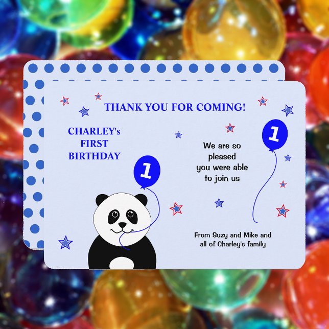 Cute panda 1st birthday party blue thank you card (Creator Uploaded)