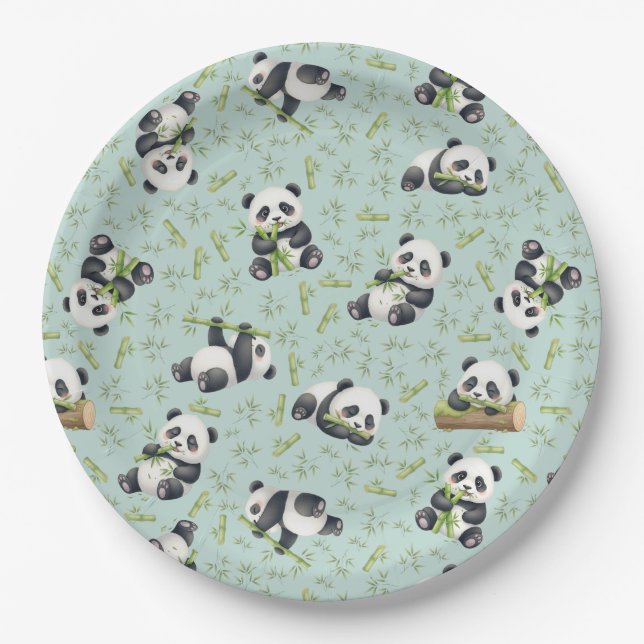 Cute Panda and Bamboo Seamless Pattern Paper Plate (Front)