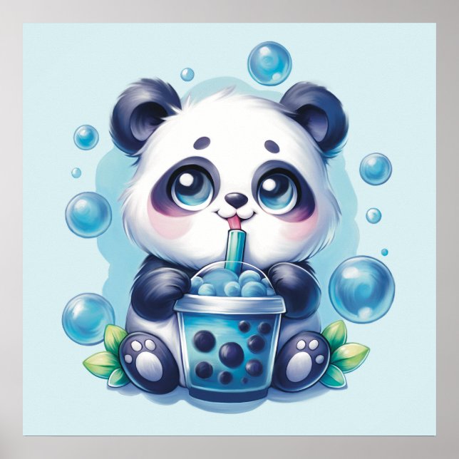Cute Panda and Blue Boba Bubble Tea Poster (Front)