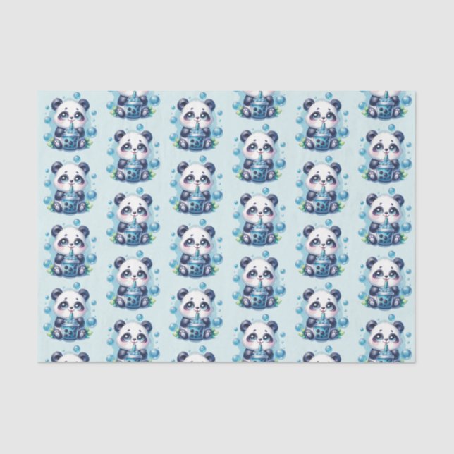 Cute Panda and Blue Boba Bubble Tea Tissue Paper (Front)