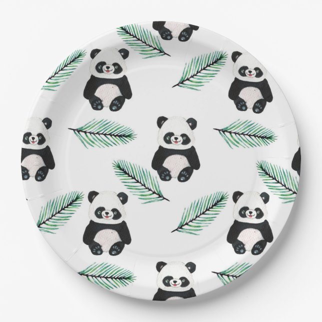 Cute panda and palm leaf pattern paper plate (Front)