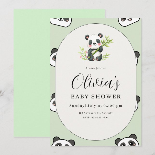 Cute Panda Baby Shower Green Botanical Panda Theme Invitation (Front/Back)