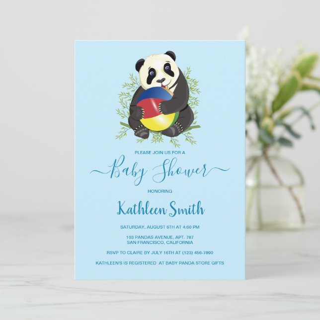 Cute Panda Baby Shower Modern Light Blue Sweet Invitation (Standing Front)