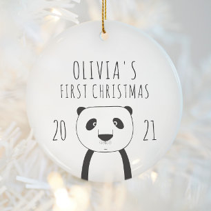 Cute Panda Babys First Christmas Black White Ceramic Tree Decoration