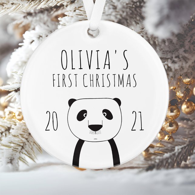 Cute Panda Babys First Christmas Black White Ornament (Creator Uploaded)
