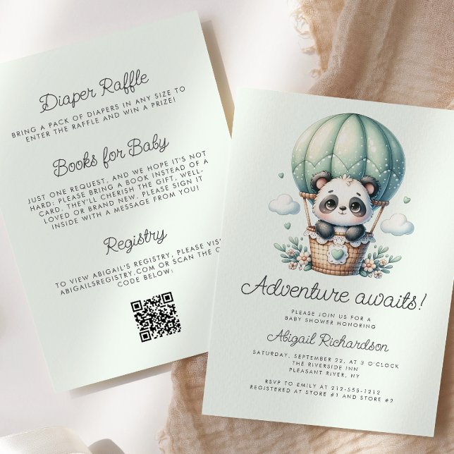 Cute Panda Balloon Mint Green QR Code Baby Shower Invitation (Creator Uploaded)
