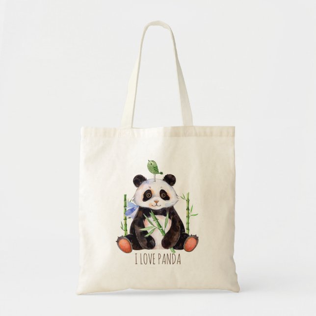 Cute Panda Bear & a Bird Watercolors Tote Bag (Front)