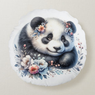Cute Panda Bear and Flowers Round Cushion