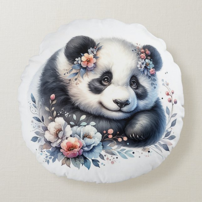 Cute Panda Bear and Flowers Round Cushion (Front)