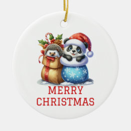 Cute Panda Bear and Hedgehog Cub Christmas Ceramic Tree Decoration
