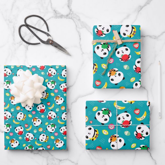 Cute Panda Bear and Kawaii Fruit Colourful Pattern Wrapping Paper Sheet (Front)