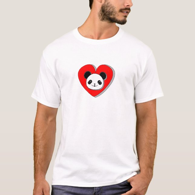 Cute Panda Bear And Red Heart Drawing T-Shirt (Front)