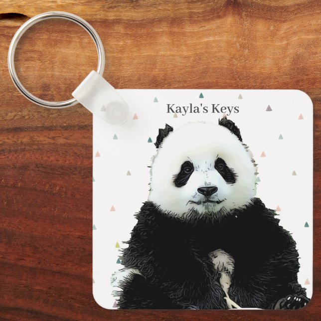 Cute Panda Bear Animal Pattern Custom Name Kid's Key Ring (Front)