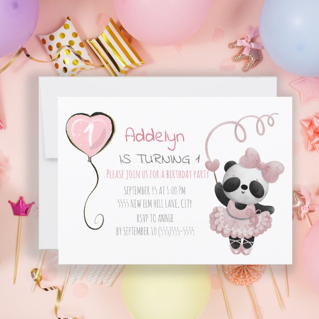 Cute Panda Bear Ballerina Pink 1st Birthday Invitation (Creator Uploaded)