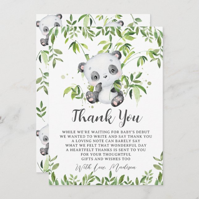 Cute Panda Bear Bamboo Greenery Baby Shower  Thank You Card (Front/Back)