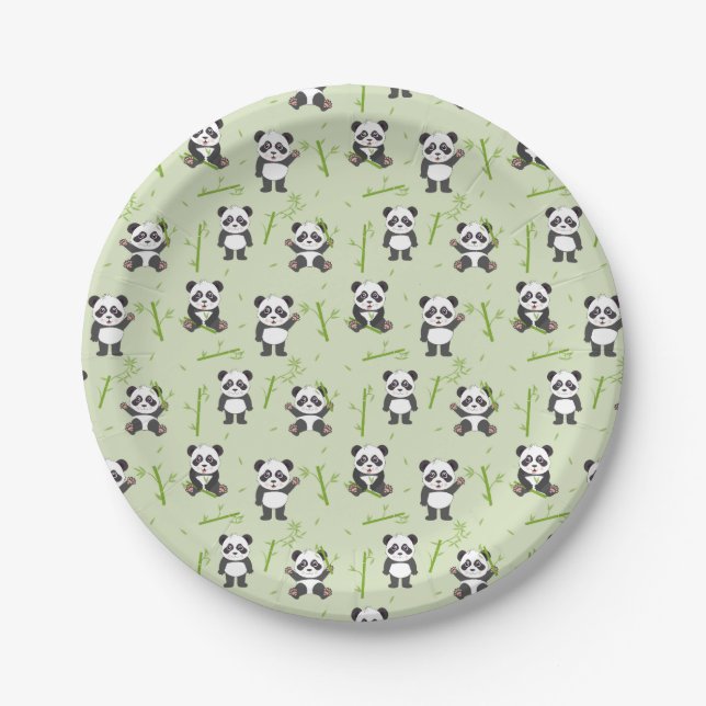 Cute Panda Bear Bamboo Kawaii Animals Pattern Paper Plate (Front)