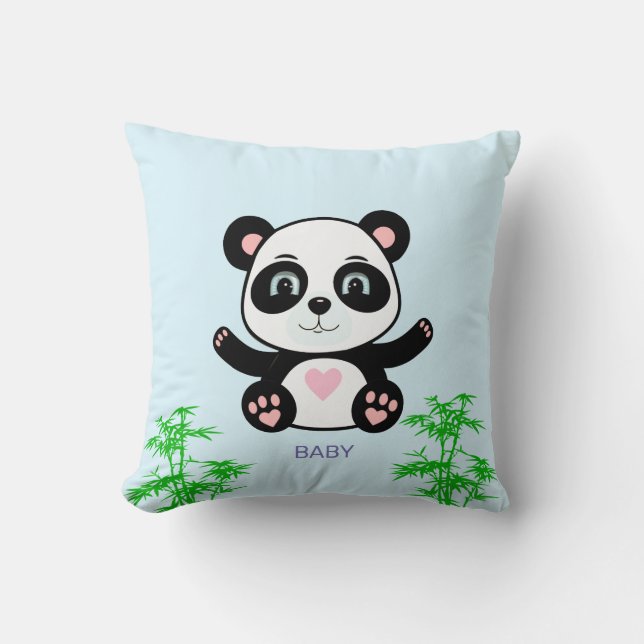 Cute Panda Bear & Bamboo on Light Blue Cushion (Front)