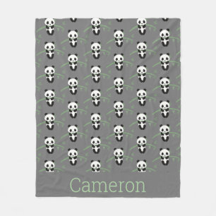 Cute Panda Bear Bamboo Pattern Gray Custom Name Fleece Blanket