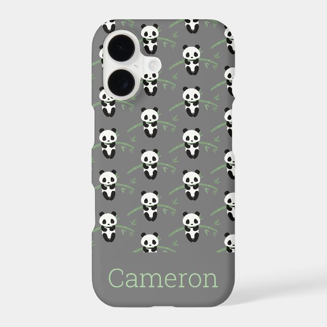 Cute Panda Bear Bamboo Pattern Grey Custom Name (Back)