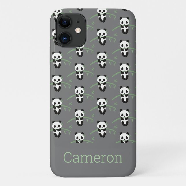 Cute Panda Bear Bamboo Pattern Grey Custom Name Case-Mate iPhone Case (Back)