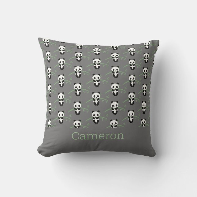 Cute Panda Bear Bamboo Pattern Grey Custom Name Cushion (Front)