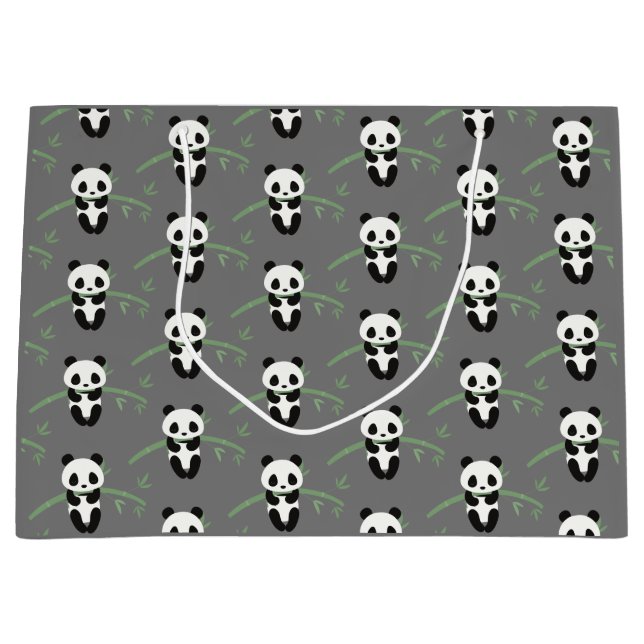 Cute Panda Bear Bamboo Pattern Grey Large Gift Bag (Front)