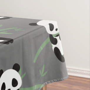 Cute Panda Bear Bamboo Pattern Grey Tablecloth