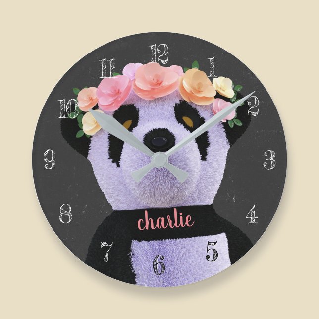 Cute Panda Bear Black and White Rustic Clock (A cute panda bear with flowers in her hair. Just add your name)