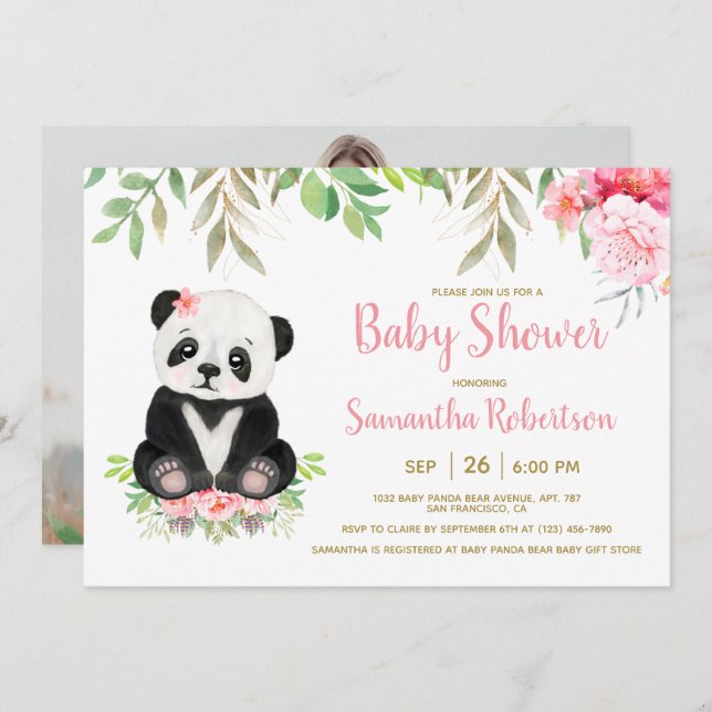 Cute Panda Bear Blush Pink Floral Baby Shower Invitation (Front/Back)