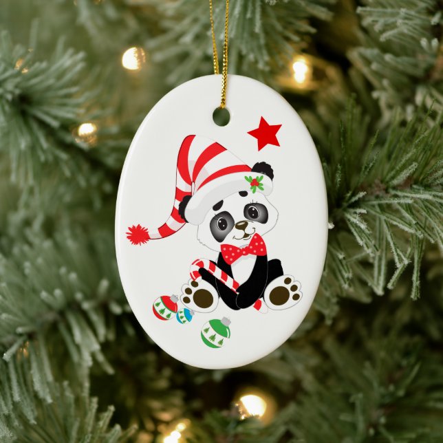 Cute Panda Bear Candy Cane Christmas Ceramic Tree Decoration (Tree)