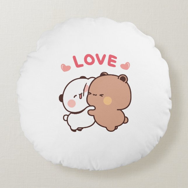 Cute Panda bear couple, bubu and dudu hugs love Round Cushion (Front)