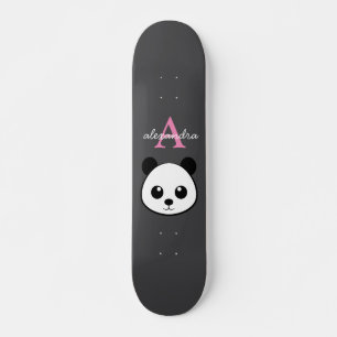 Cute Panda Bear Custom Monogram Grey Background Skateboard