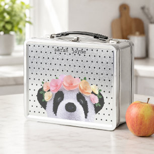 Cute Panda Bear Custom Name Girl's Metal Lunch Box